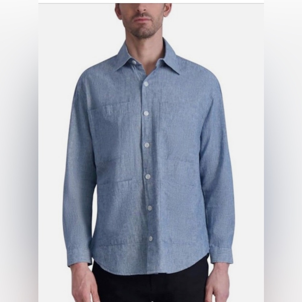 NWT Karl Lagerfeld Men’s 4 Pocket Linen Blend Front Button Shirt Size Large